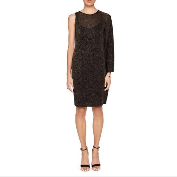 NWT Ted Baker Monyca Black Gold Metallic One Shoulder Draped Dress Size 4 - Picture 4 of 10